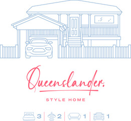 Line icon of an Australian Queenslander style home with a hand written font and icons for bed bath living car