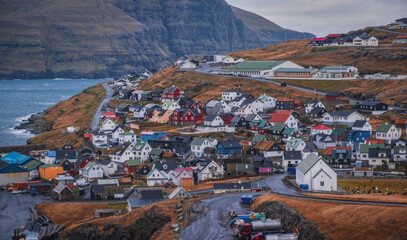 Eidi, Faroe Islands, Denmark - November 2021: Small port town on Streymoy Island.