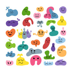 Obraz premium Set of cute doodle characters of different shape, color and size, with various emotions