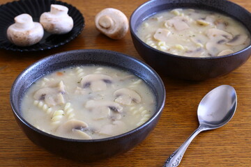 Homemade mushroom soup with noodles