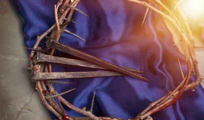 Jesus Crown Of Thorns And metal nails on Ground