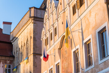 Prague, Czech Republic - 03.28.2022: An Ukrainian flags is hung in support of Ukrainians protecting their country from russians.