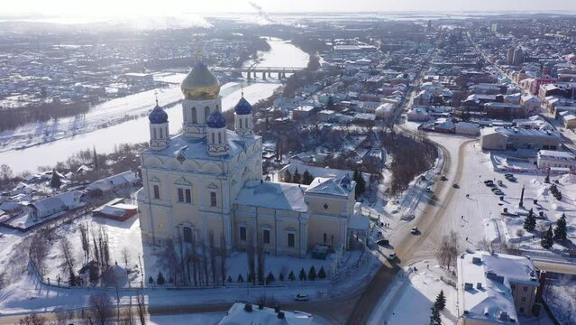 Scenic aerial view of main Orthodox church in Russian city of Yelets, five domed Ascension Cathedral on sunny winter day