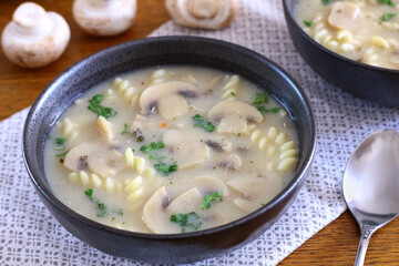 Homemade mushroom soup with noodles