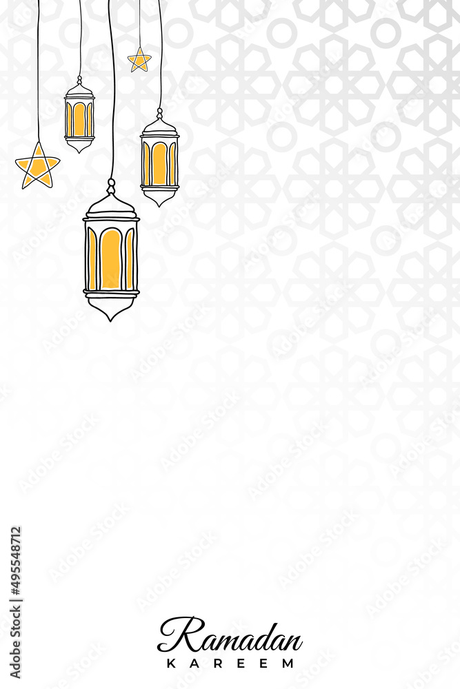 Wall mural ramadan greeting card or banner background. hand drawn lanterns, moon and stars. ramadan kareem hand