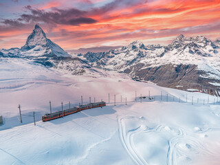 Swiss beauty, rack railway going to Gornergrat train station under breathtaking Matterhorn,Zermatt,...