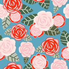Aqua with red and pink rose flower like elements seamless pattern background design.