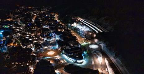 Ski resort town of St. Anton am Arlberg in Austria at night. Night view of the Alpine ski resort town.