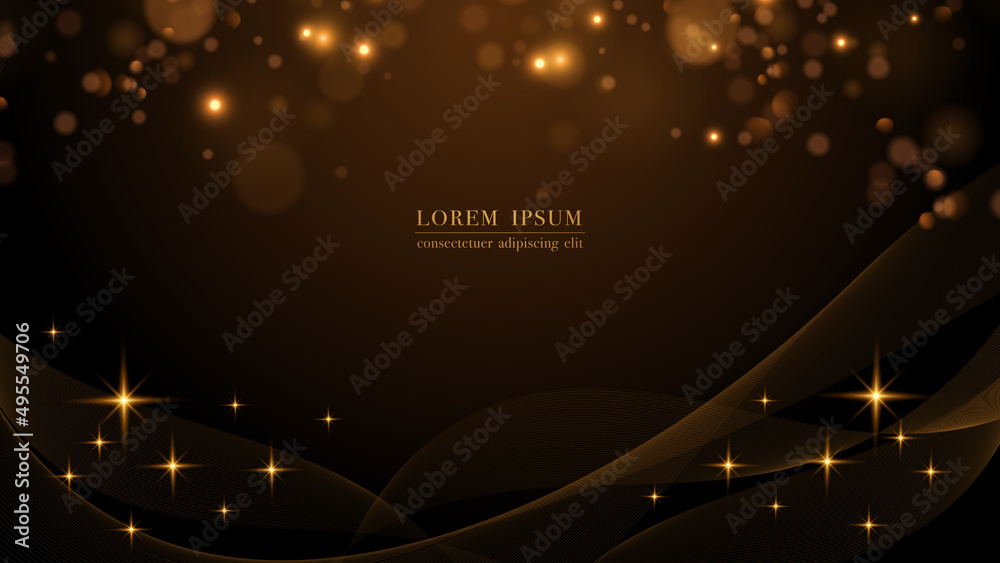 Sticker abstract flowing wave lines on dark background with glittering lights. vector illustration