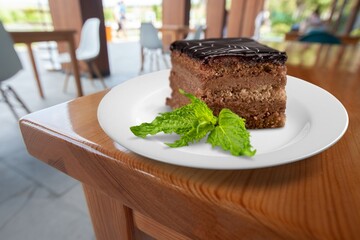 Tasty chocolate pieces brownie on white plate