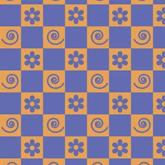 Crédence de cuisine en verre imprimé Pantone 2022 very peri Geometric flowers and spirals on checkerboard seamless pattern in very peri and orange. Great for textile, home décor and  stationary cards 