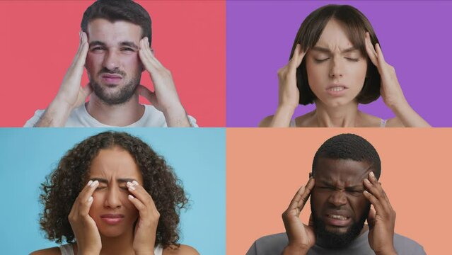 Migraine concept. Mosaic set of young diverse men and women suffering from acute headache, massaging painful temples
