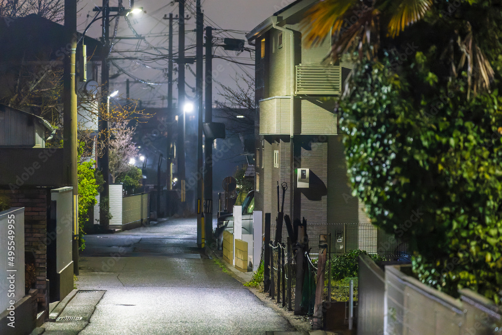 Wall mural narrow empty street in quiet japanese neighborhood at night