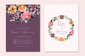 purple watercolor floral wedding invitation