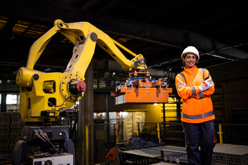 Portrait of female factory engineer in safety equipment standing by industrial robot machine and watching manufacturing process.