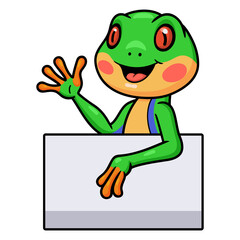 Obraz premium Cute little frog cartoon with blank sign