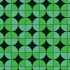 Mid century modern geometric circles seamless pattern in green over black background . Great for home décor, textile and wallpaper	