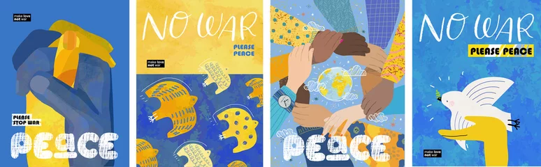 Fotobehang Peace! No war! Vector illustrations of peace doves, handshake, posters and banners in the colors of the Ukrainian flag © Ardea-studio
