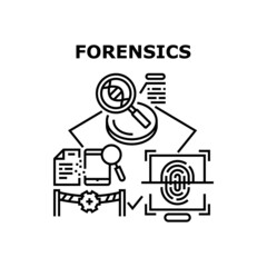 Forensics Vector Icon Concept. Forensics Of Fingerprint And Dna Laboratory Analysis, Researching Crime Scene And Digital Device Or Document Evidence. Professional Researchment Black Illustration