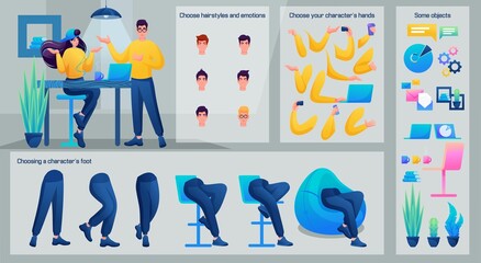 Stylized Character, Male Mentor. Set for Animation. Use Separate Body Parts to Create An Animated Character. Set of Emotions, Hairstyles, Hands and Feet
