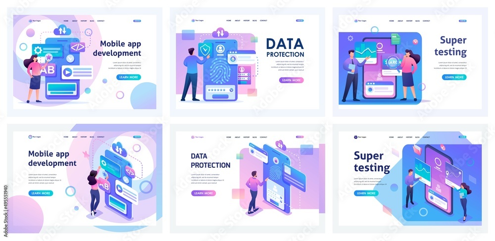 Poster set of landing pages for working with mobile app. isometric 3d and 2d illustrations. creating an app
