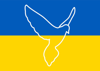 kontury wzlatującego gołąbka pokoju na tle flagi Ukrainy. Symbol pokoju. Stop wojnie. Wsparcie dla Ukrainy. Ilustracja wektorowa niebieska i żółta.