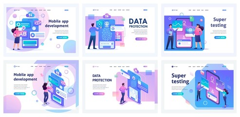 Set of landing pages for working with mobile app. Isometric 3D and 2D illustrations. Creating an application, Super Testing, mobile app development - obrazy, fototapety, plakaty