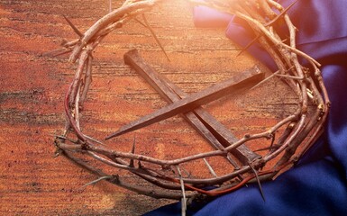 Jesus Crown Of Thorns And metal nails on Ground