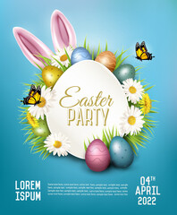 Holiday easter party flyer with easter eggs, spring flowers, grass  and rabbit. Vector. - 495552114