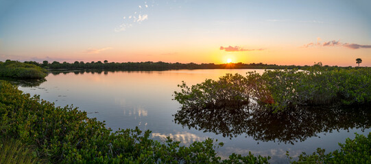 Fototapeta na wymiar Sunset over tidal Mangrove pond at Meritt Island National Wildlife Refuge