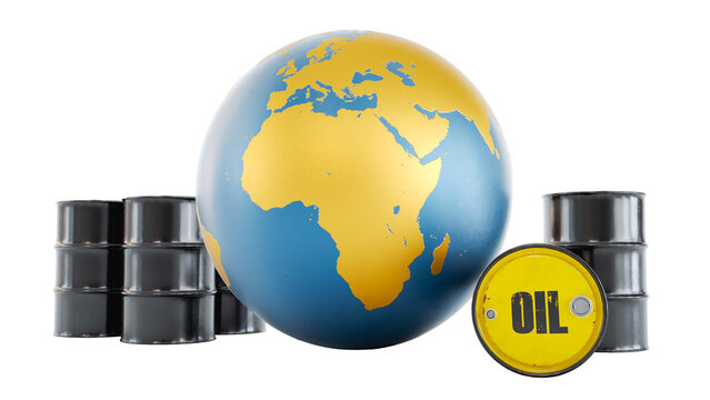 3D render of Oil barrels with Earth Globe isolated on white background.. Oil crisis concept