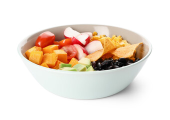 Bowl with ingredients for Mexican salad on white background