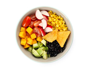Bowl with ingredients for Mexican salad on white background