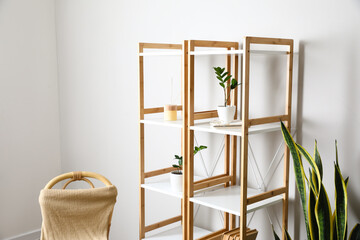 Shelving unit with flowerpots and reed diffuser near light wall