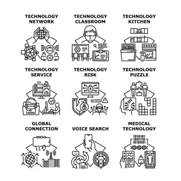 Technology Service Set Icons Vector Illustrations. Technology Service And Risk, Network And Connection, Medical Electronic Equipment And Puzzle, Classroom And Kitchen Black Illustration © vectorwin