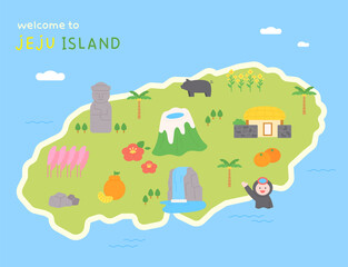 Jeju Island map and iconic icons. flat design style vector illustration.