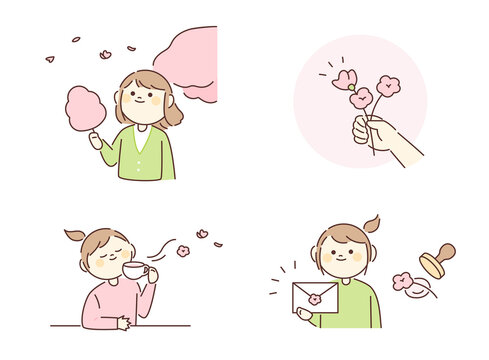 Cherry blossoms and people. People are eating cotton candy, holding cherry blossoms in their hands, drinking tea and writing letters. A cute character with a round face.