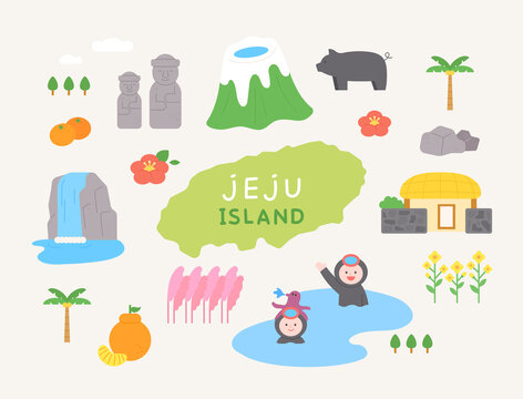 A collection of icons that symbolize Jeju Island. flat design style vector illustration.