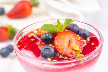 Strawberry Cream Dessert with some blueberries, strawberry pudding