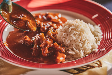 Mole Amarillo de Retazo Oreado, traditional Oaxacan food. Homestyle Mexican food with white rice. Chiles, garlic, onions, salt, lemons, dough, pitiona.