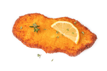 Homemade breaded chicken schnitzel . isolated on white background