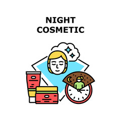 Night Cosmetic Vector Icon Concept. Night Cosmetic Tube And Jar Packages, Female Applying Healthy Cosmetology For Skin Care. Serum And Collagen Beauty Skincare Product Color Illustration