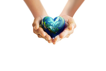 Human hands holding earth glass ball in heart shape on White background free Clipping path for World Health Day content and copy space.Elements of this image furnished by NASA