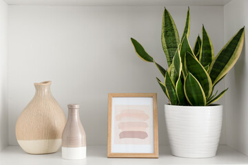 Shelf with vases, photo frame and houseplant in room