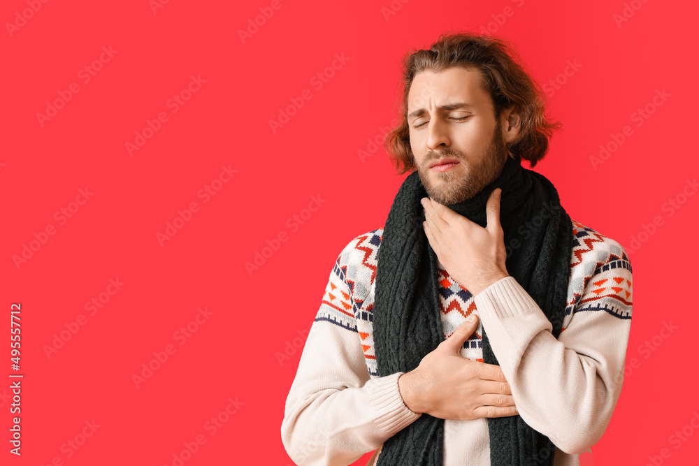 Poster ill man with sore throat on color background