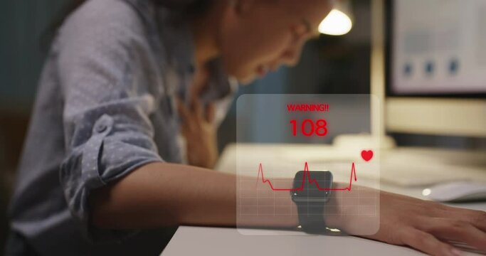 Smartwatch wearable computer ECG pulse rate heart attack detect and warning IOT AI app to medtech system. Save life online alert health care gadget in asia people young woman work late night at home.