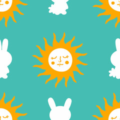 Bright festive Easter seamless pattern with bunnies silhouettes and sun. Perfect for T-shirt, textile and print. Hand drawn vector illustration for decor and design.