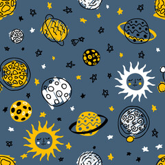 Doodle cosmos seamless pattern with sun and planets in space. Perfect for T-shirt, textile and print. Hand drawn vector illustration for decor and design.