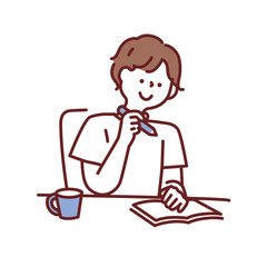 計画を立てる時のイラスト(考える、読書、日記、勉強、書く、驚く、学ぶ) Illustrations for planning: thinking, reading, diary, studying, writing, being surprised, learning.