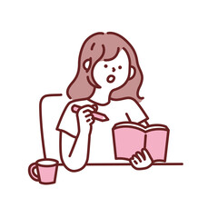 計画を立てる時のイラスト(考える、読書、日記、勉強、書く、驚く、学ぶ) Illustrations for planning: thinking, reading, diary, studying, writing, being surprised, learning.